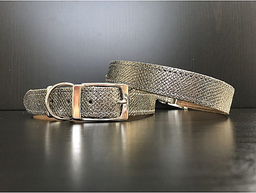 Dark Silver Snake Skin - Leather Dog Collar - Size L